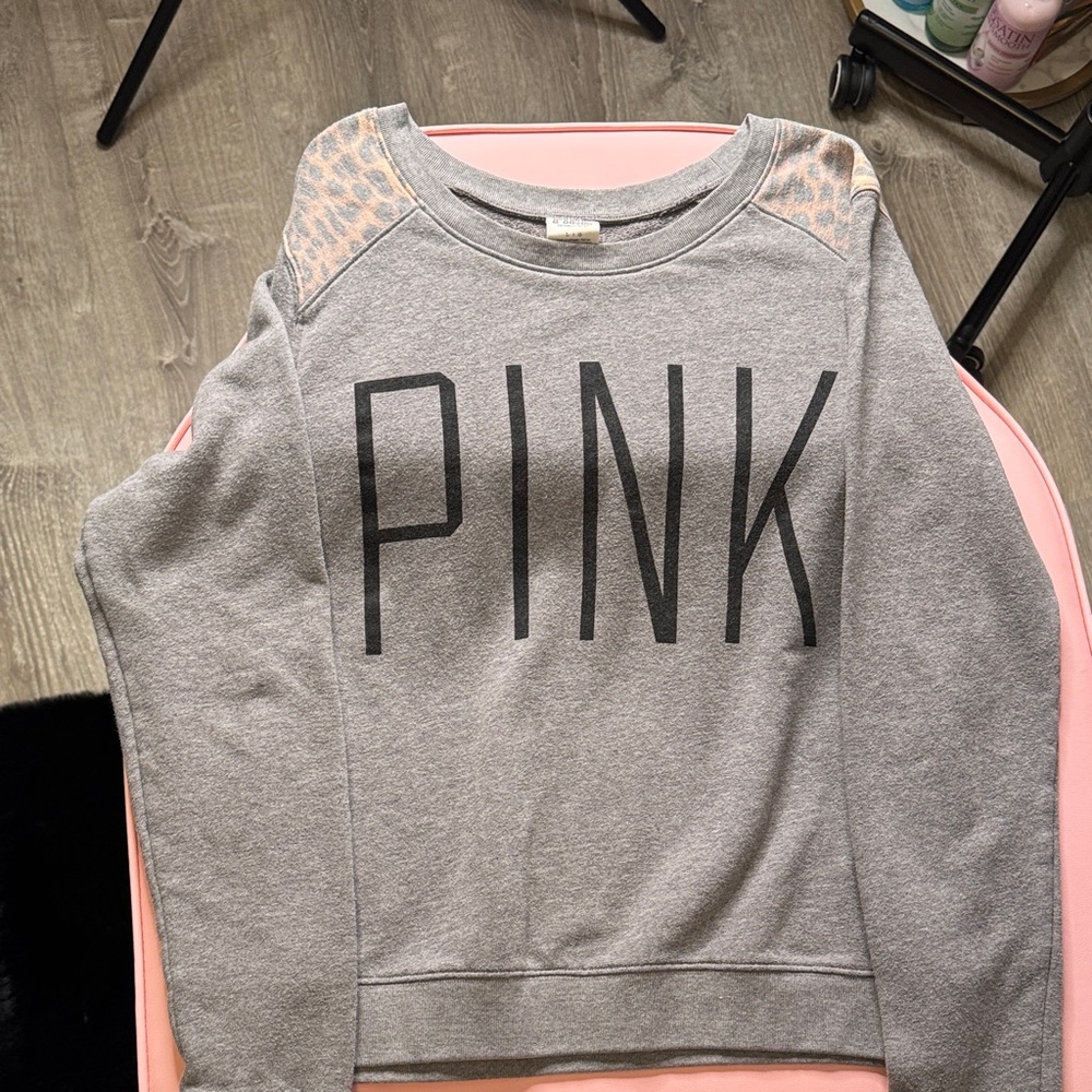 PINK Victoria's Secret Gray Sweater with Leopard Accents